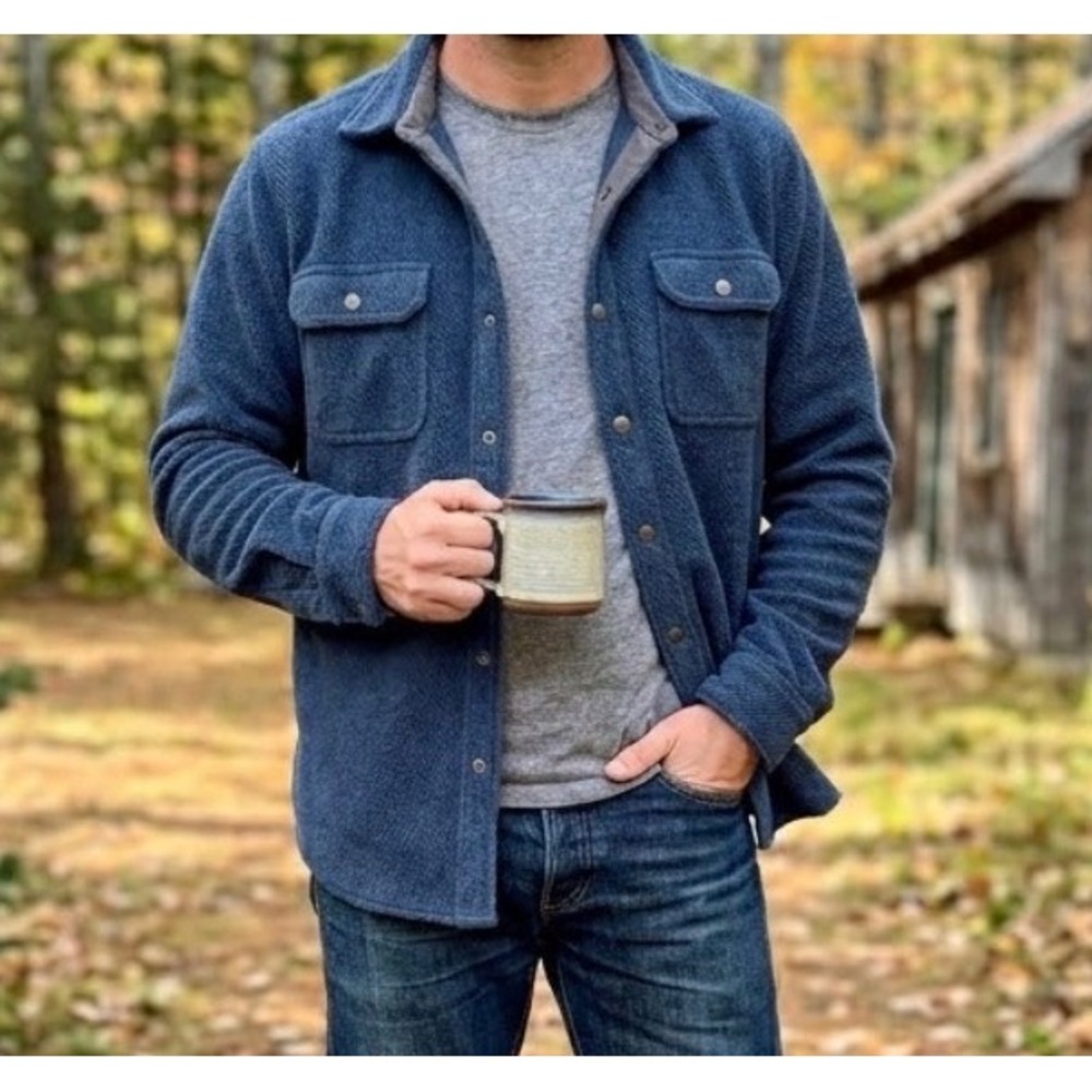 LL Bean Mens Navy Blue Fleece Shacket Snap Front Elbow Patch Shirt Jacket Med
